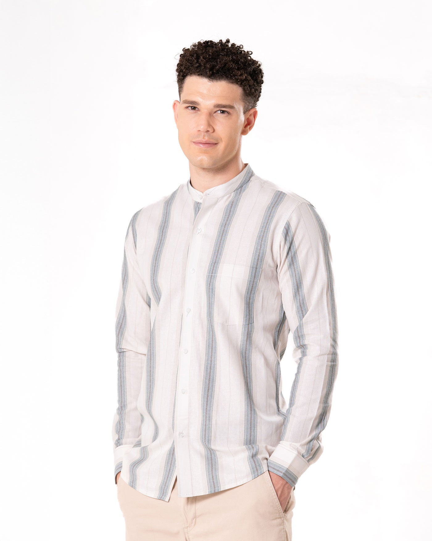 Clarion Brown Cotton Stripe Mandarin Shirt - Bullane