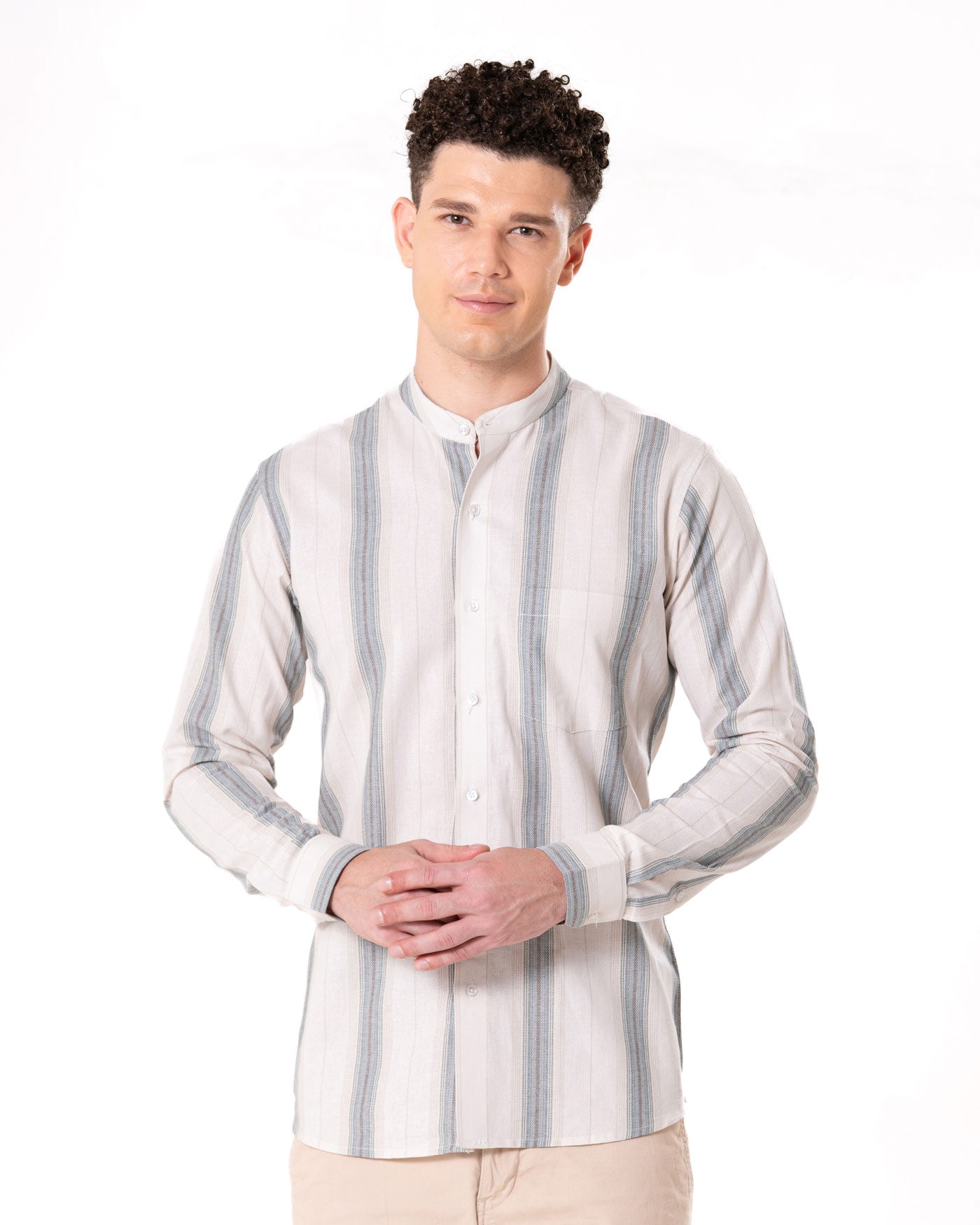Clarion Brown Cotton Stripe Mandarin Shirt - Bullane