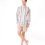 Clarion Brown Cotton Stripe Mandarin Shirt - Bullane