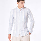 Clarion Blue Linen Stripe Mandarin Shirt - Bullane