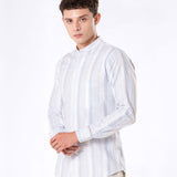Clarion Blue Linen Stripe Mandarin Shirt - Bullane