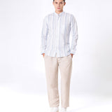 Clarion Blue Linen Stripe Mandarin Shirt - Bullane