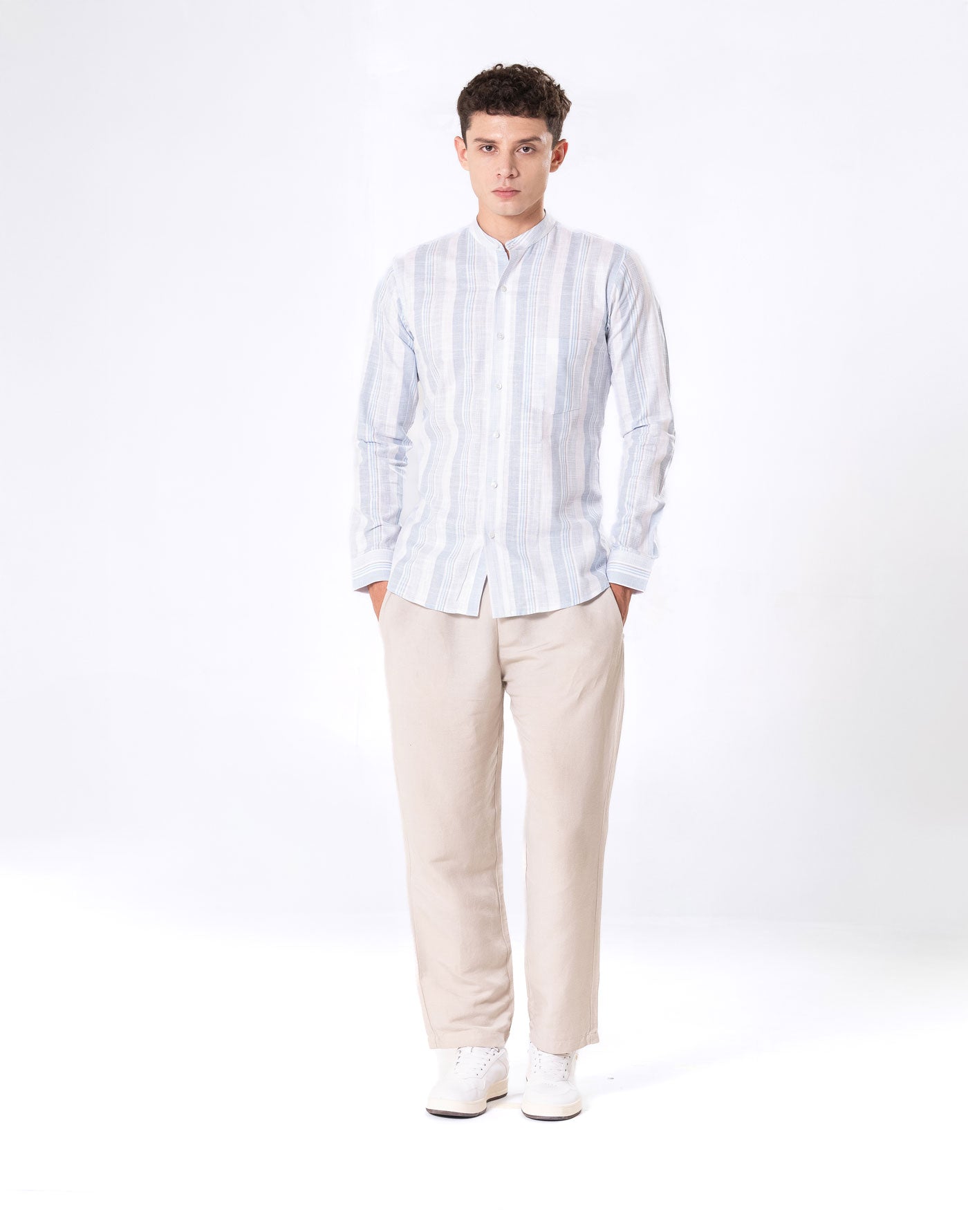 Clarion Blue Linen Stripe Mandarin Shirt - Bullane