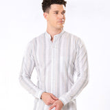 Clarion Green Linen Stripe Mandarin Shirt - Bullane