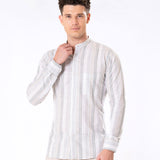 Clarion Green Linen Stripe Mandarin Shirt - Bullane