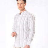 Clarion Green Linen Stripe Mandarin Shirt - Bullane