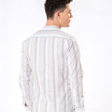 Clarion Green Linen Stripe Mandarin Shirt - Bullane