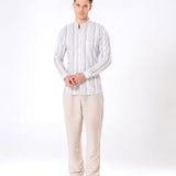 Clarion Green Linen Stripe Mandarin Shirt - Bullane