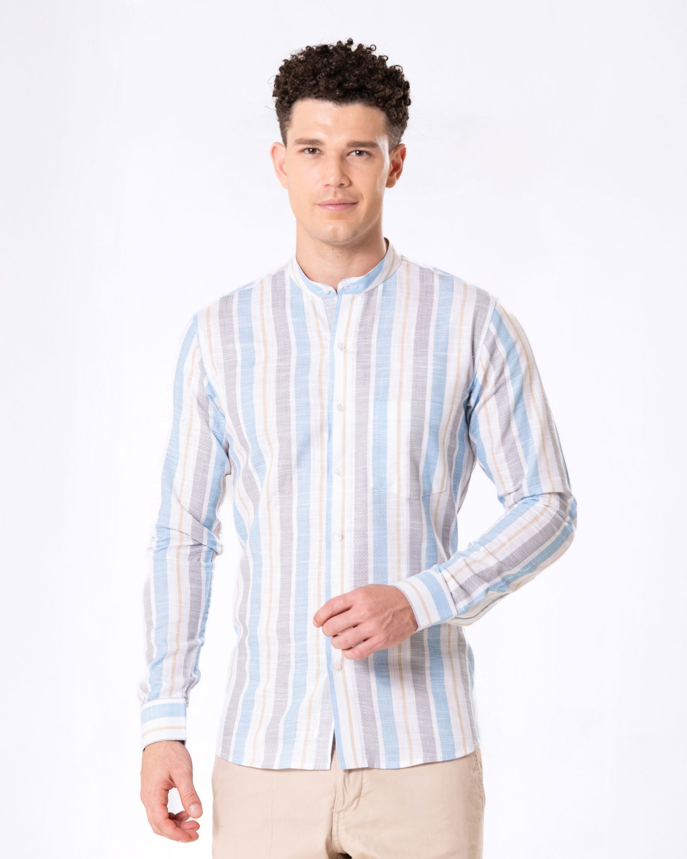 Clarion Blue And Grey Linen Stripe Mandarin Shirt - Bullane