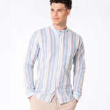 Clarion Blue And Grey Linen Stripe Mandarin Shirt - Bullane