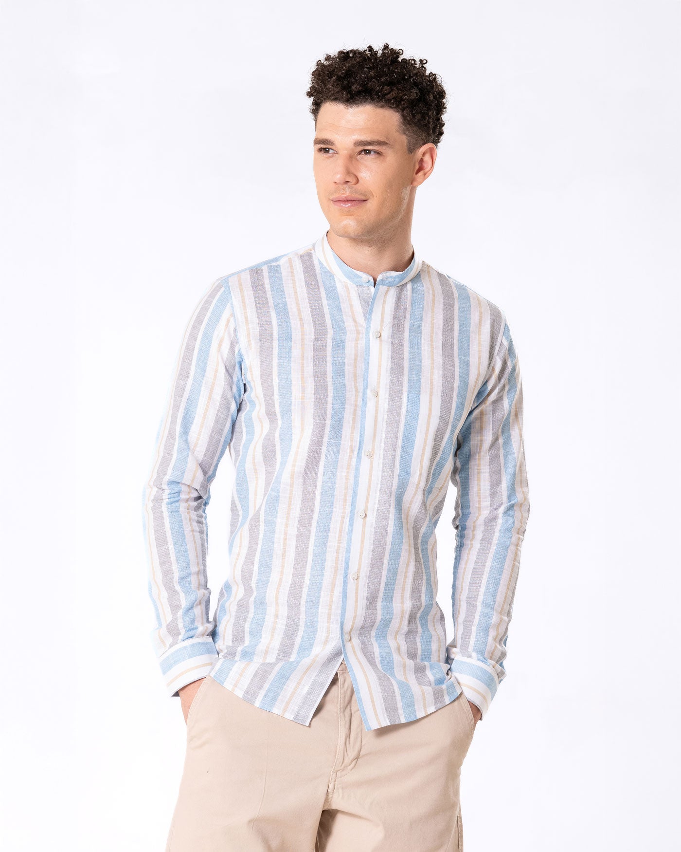 Clarion Blue And Grey Linen Stripe Mandarin Shirt - Bullane