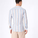 Clarion Blue And Grey Linen Stripe Mandarin Shirt - Bullane