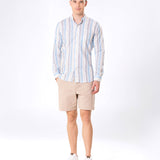 Clarion Blue And Grey Linen Stripe Mandarin Shirt - Bullane