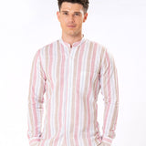 Clarion Pink And Brown Linen Stripe Mandarin Shirt - Bullane