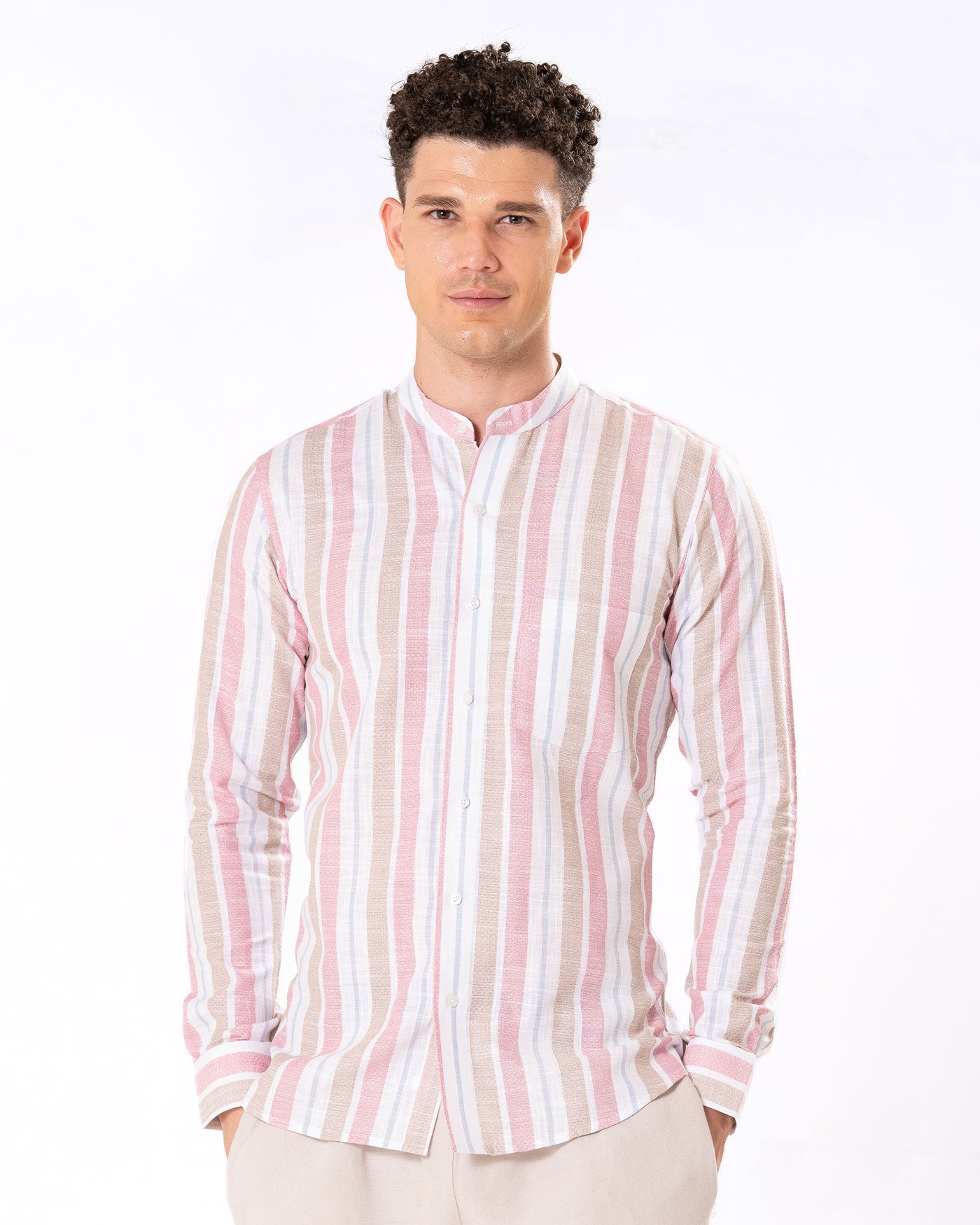 Clarion Pink And Brown Linen Stripe Mandarin Shirt - Bullane