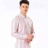 Clarion Pink And Brown Linen Stripe Mandarin Shirt - Bullane