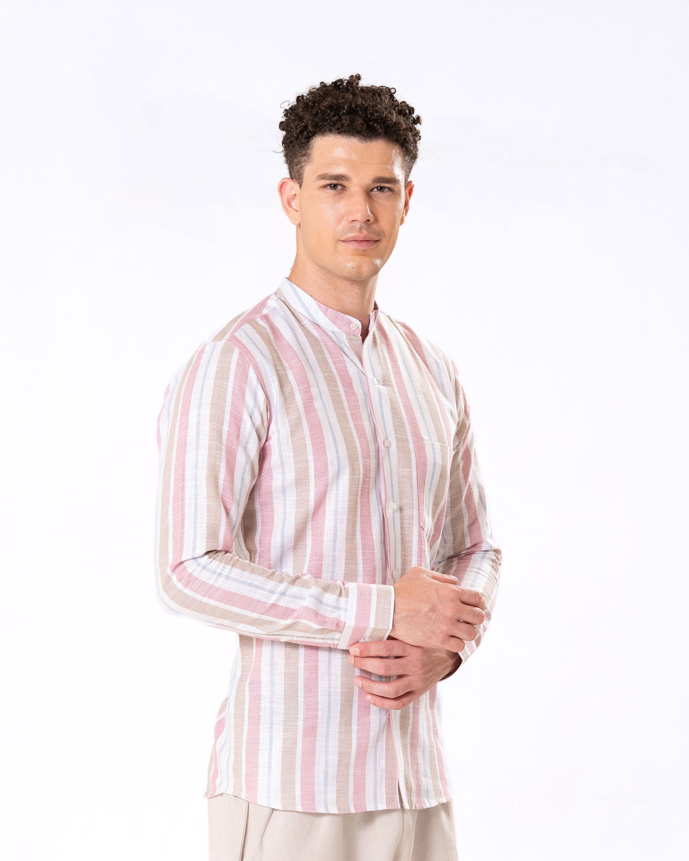 Clarion Pink And Brown Linen Stripe Mandarin Shirt - Bullane