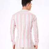 Clarion Pink And Brown Linen Stripe Mandarin Shirt - Bullane