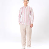 Clarion Pink And Brown Linen Stripe Mandarin Shirt - Bullane
