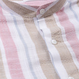 Clarion Pink And Brown Linen Stripe Mandarin Shirt