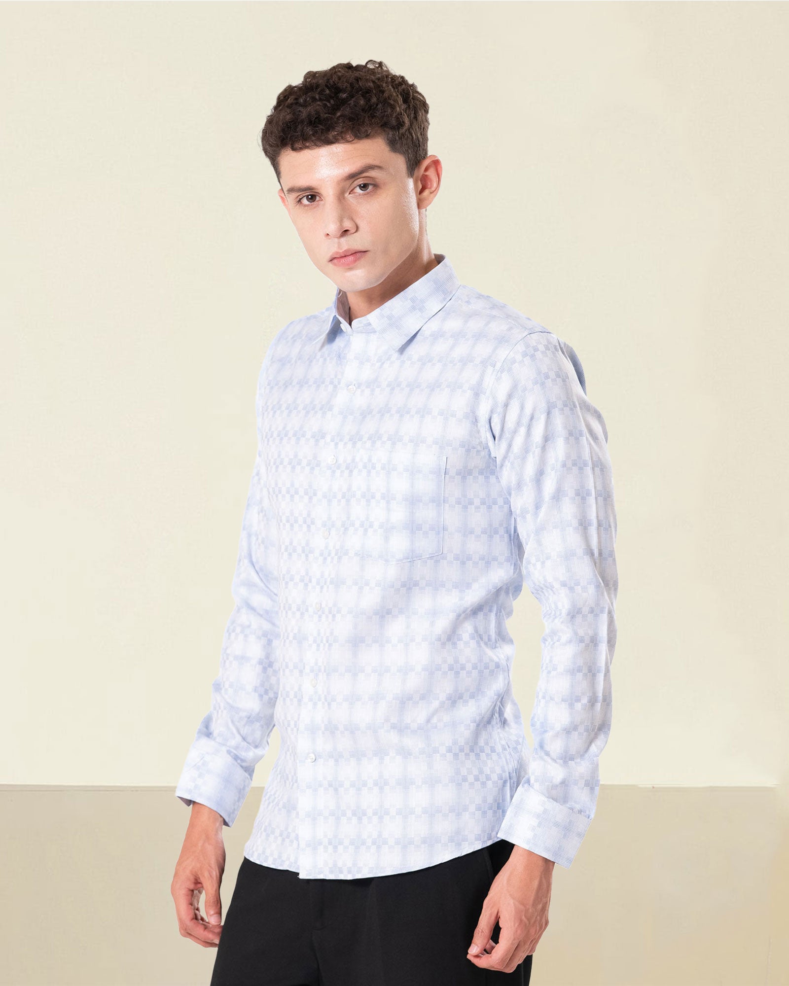 Amster Blue Cotton Geometric Print Shirt
