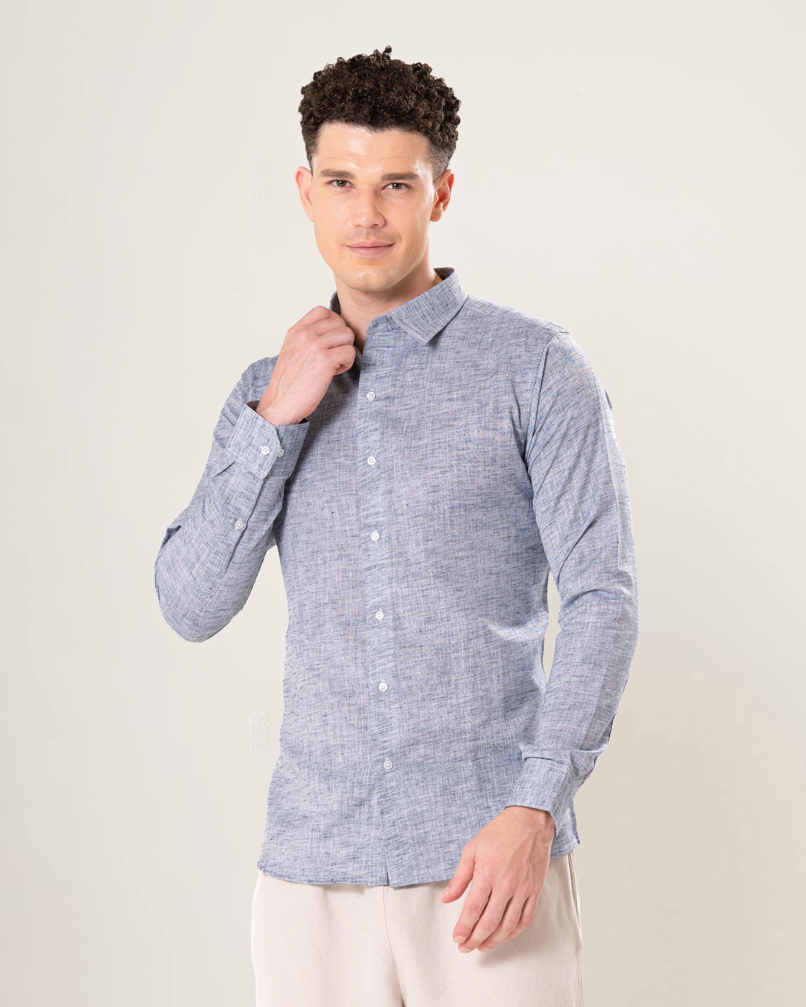 Neutonss Navy Blue Linen Plain Shirt