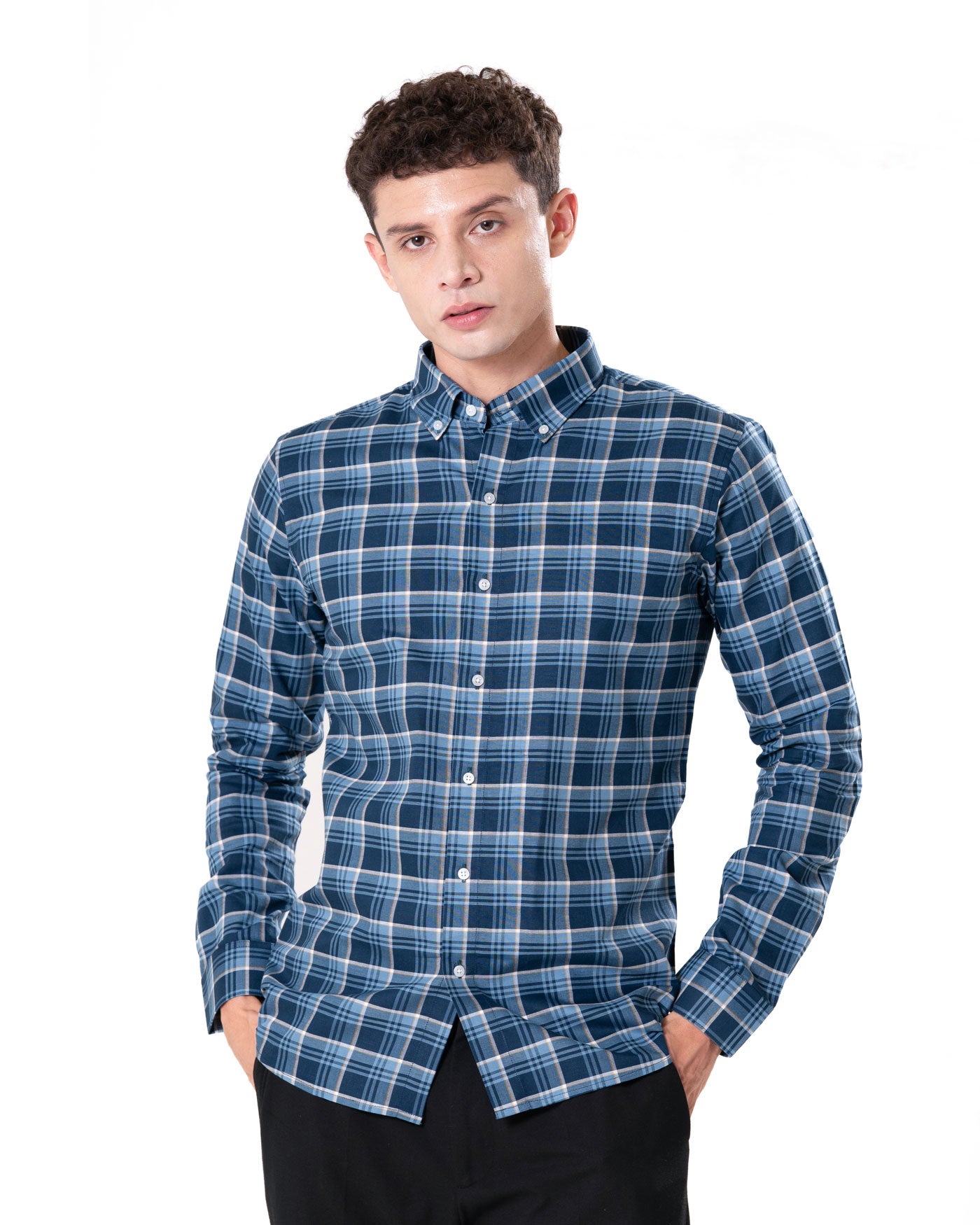 Murcia Blue Cotton Checks Button Down Shirt - Bullane