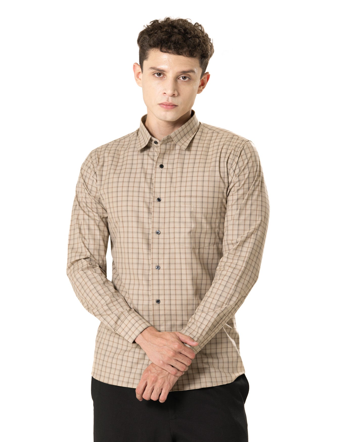 Senza Beige Cotton Checks Shirt - Bullane