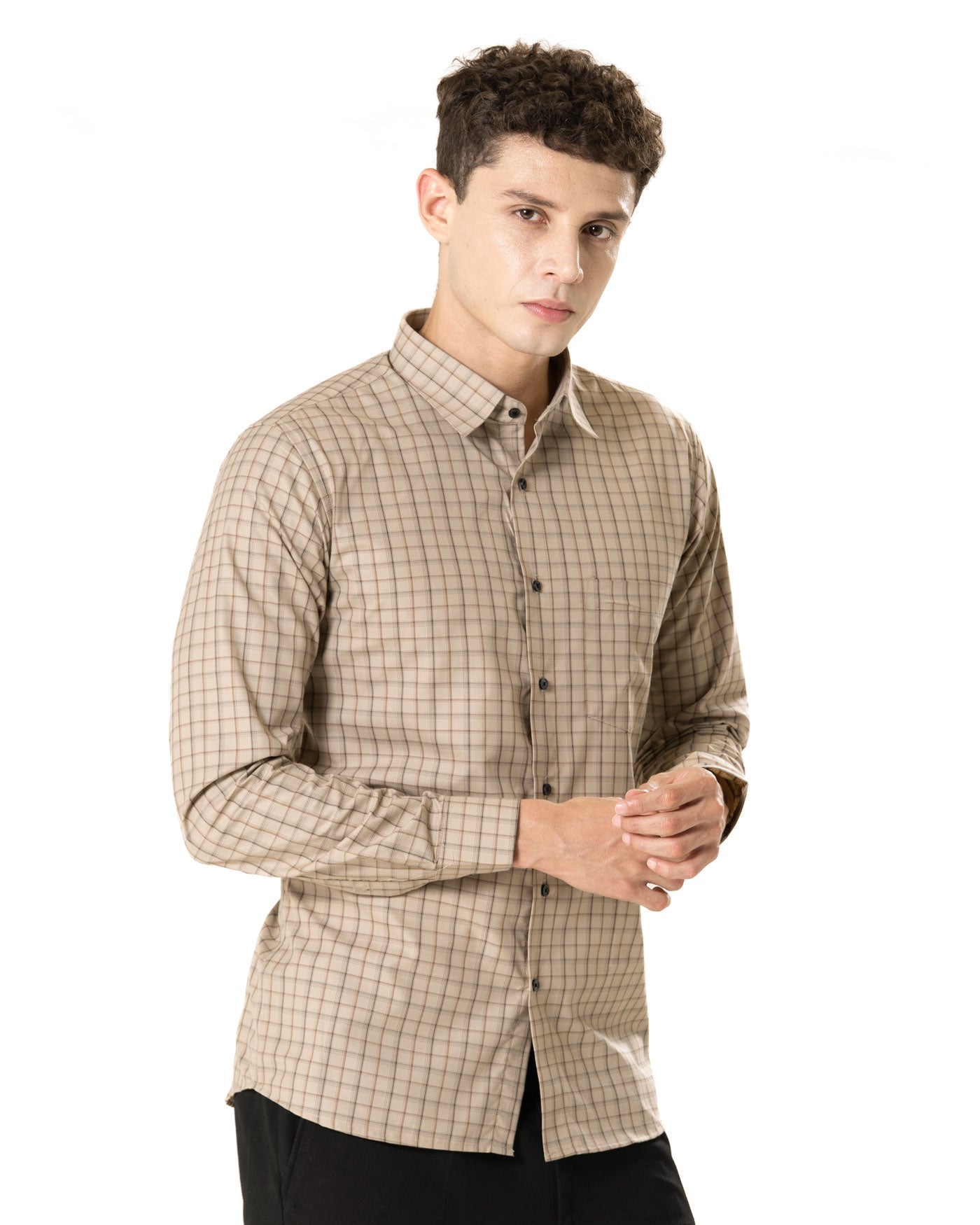 Senza Beige Cotton Checks Shirt - Bullane