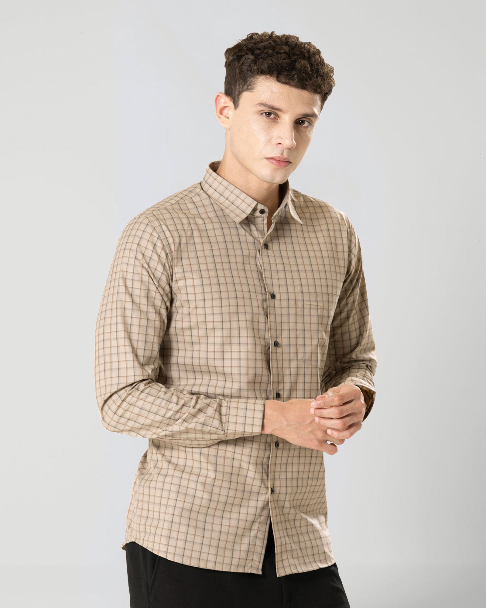 Senza Beige Cotton Checks Shirt