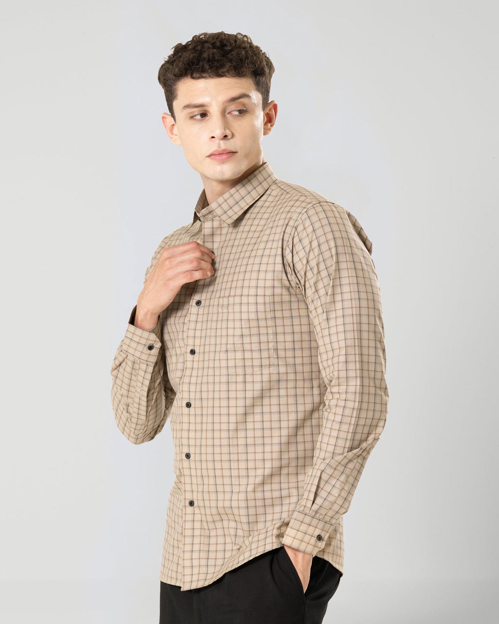 Senza Beige Cotton Checks Shirt