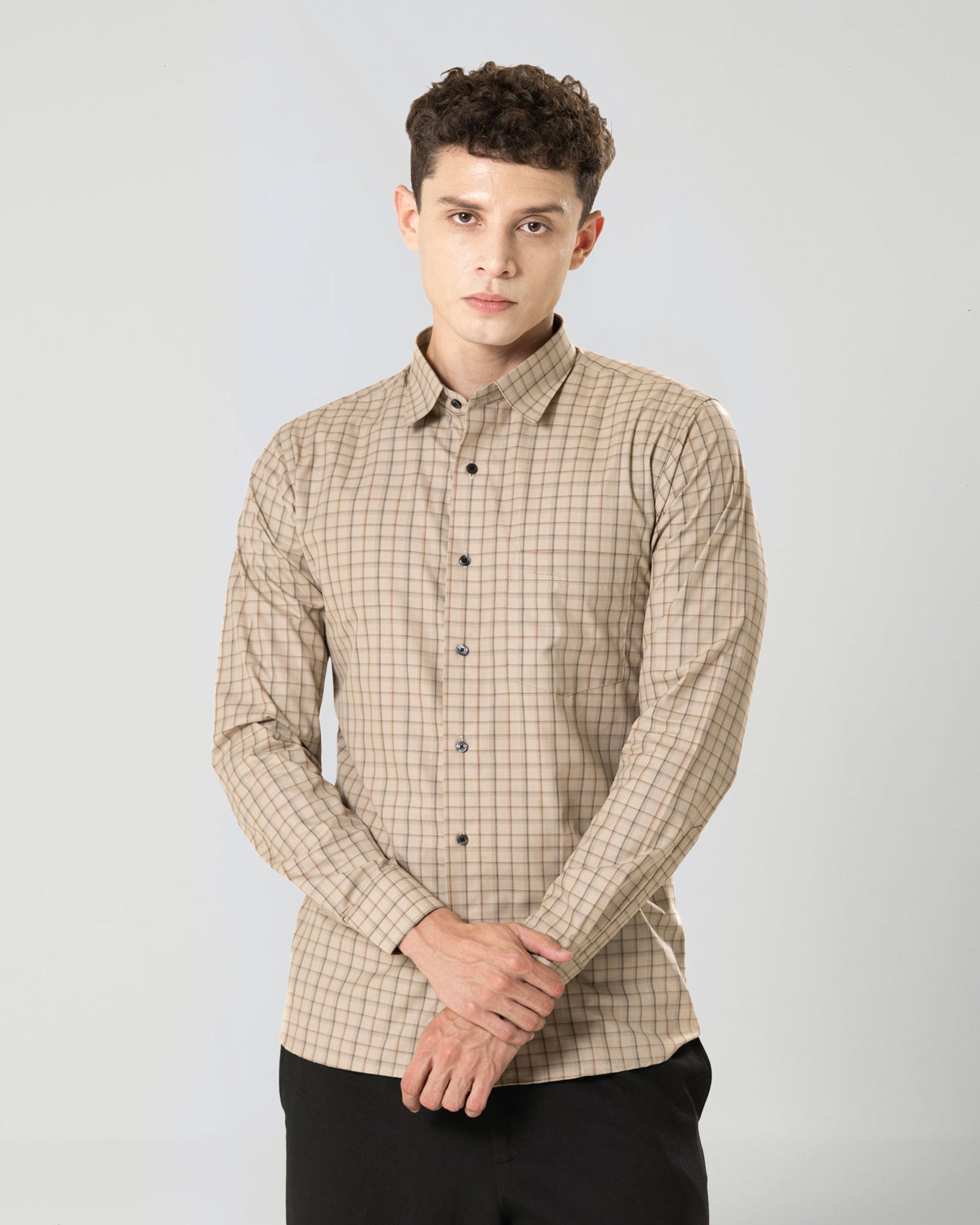 Senza Beige Cotton Checks Shirt