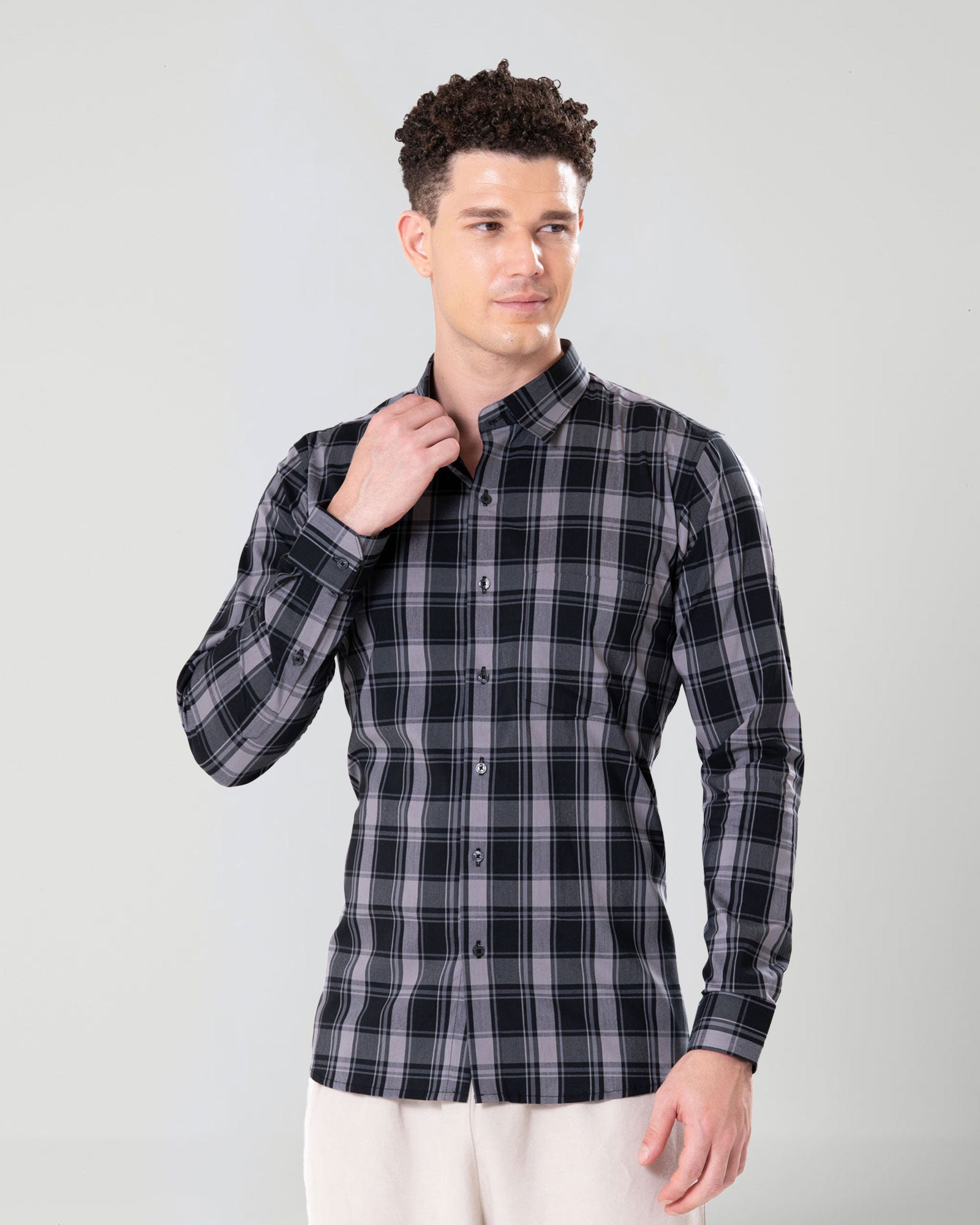 Senza Black With Grey Cotton Checks Shirt