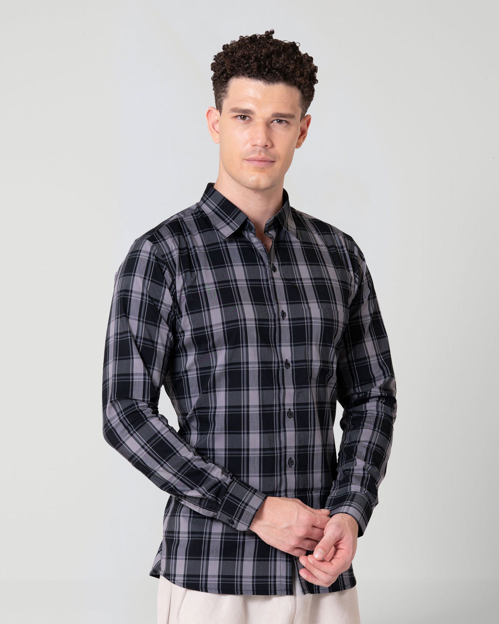 Senza Black With Grey Cotton Checks Shirt