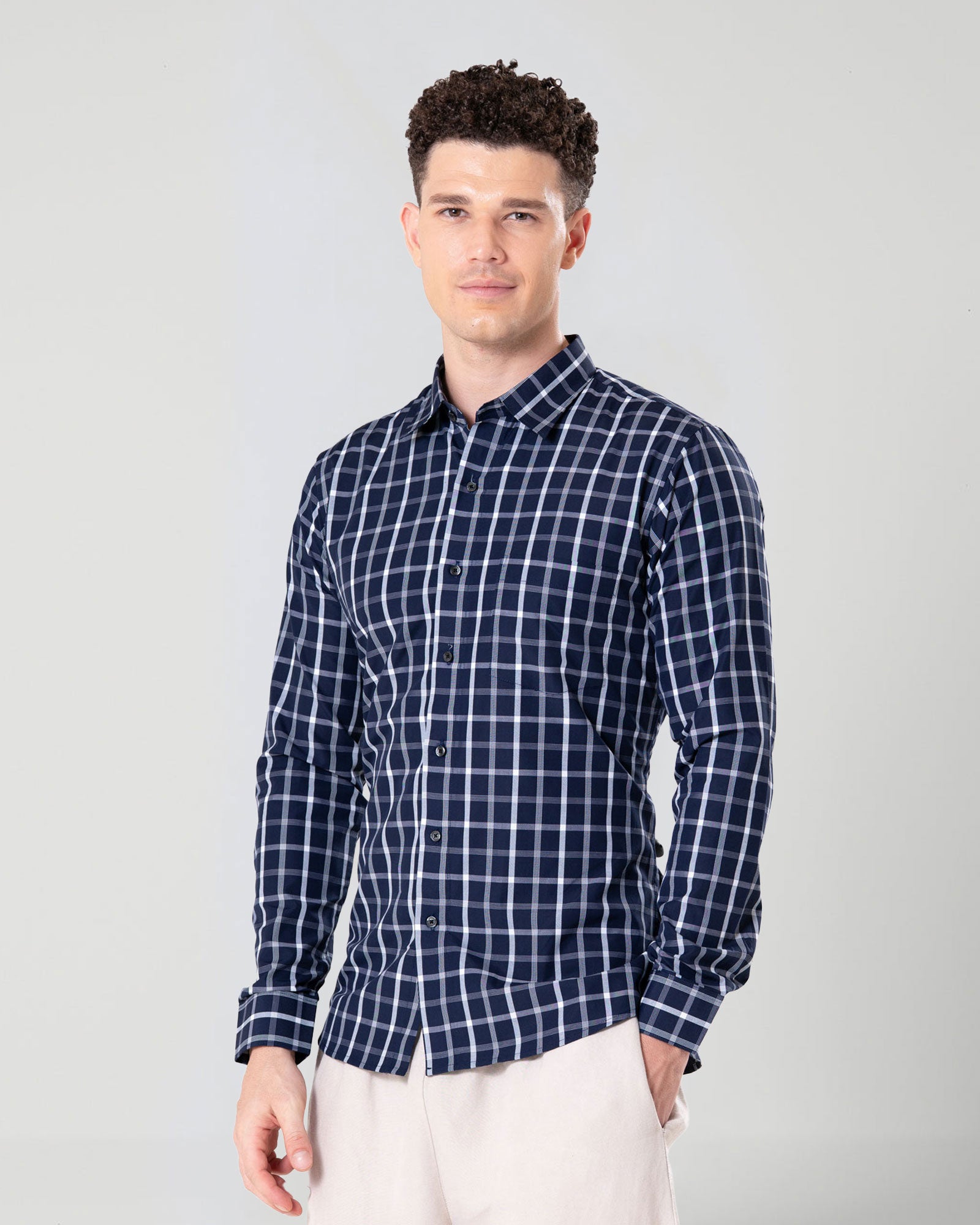 Senza Navy Blue Cotton Checks Shirt