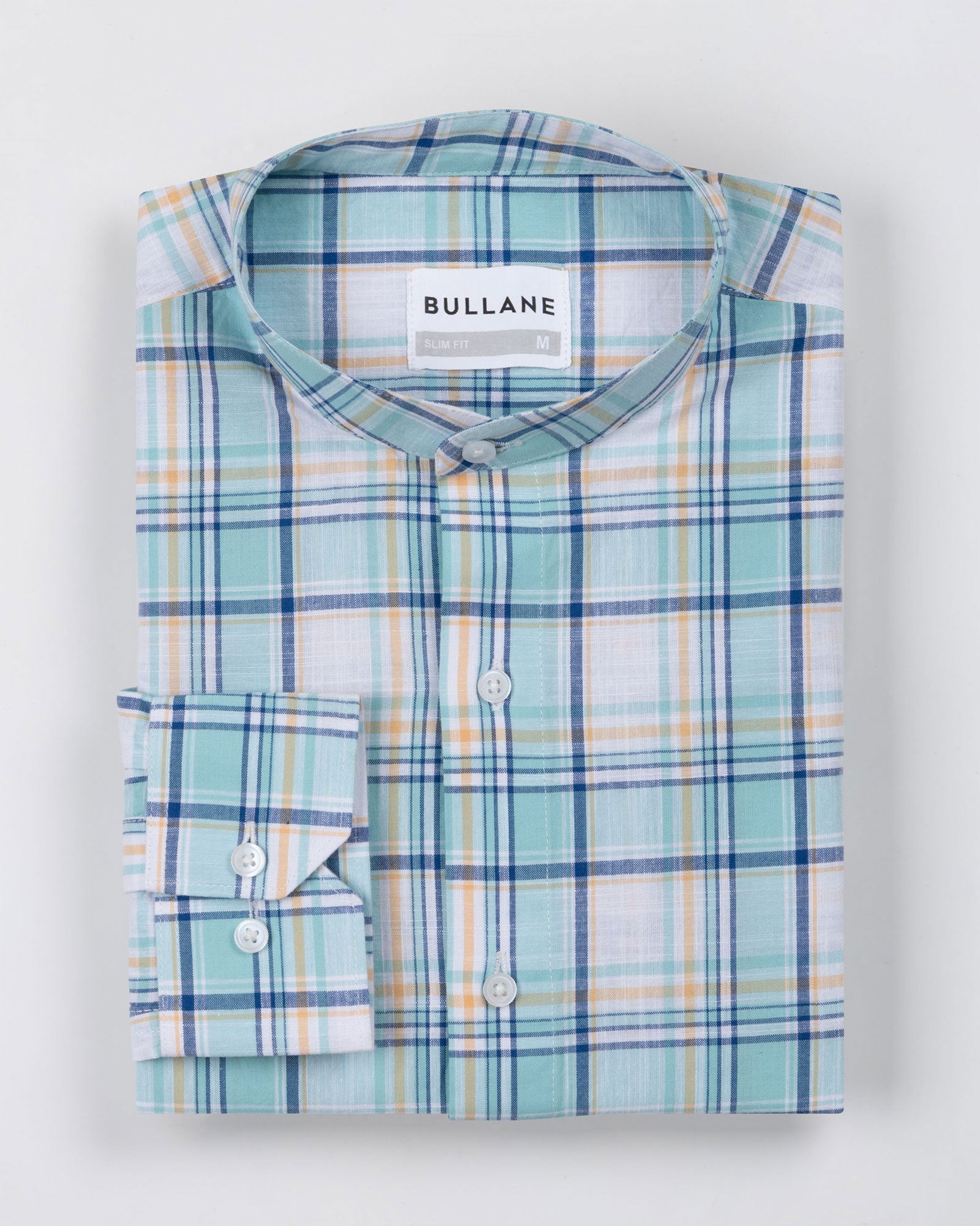 Tarvik Green Linen Checks Mandarin Shirt - Bullane