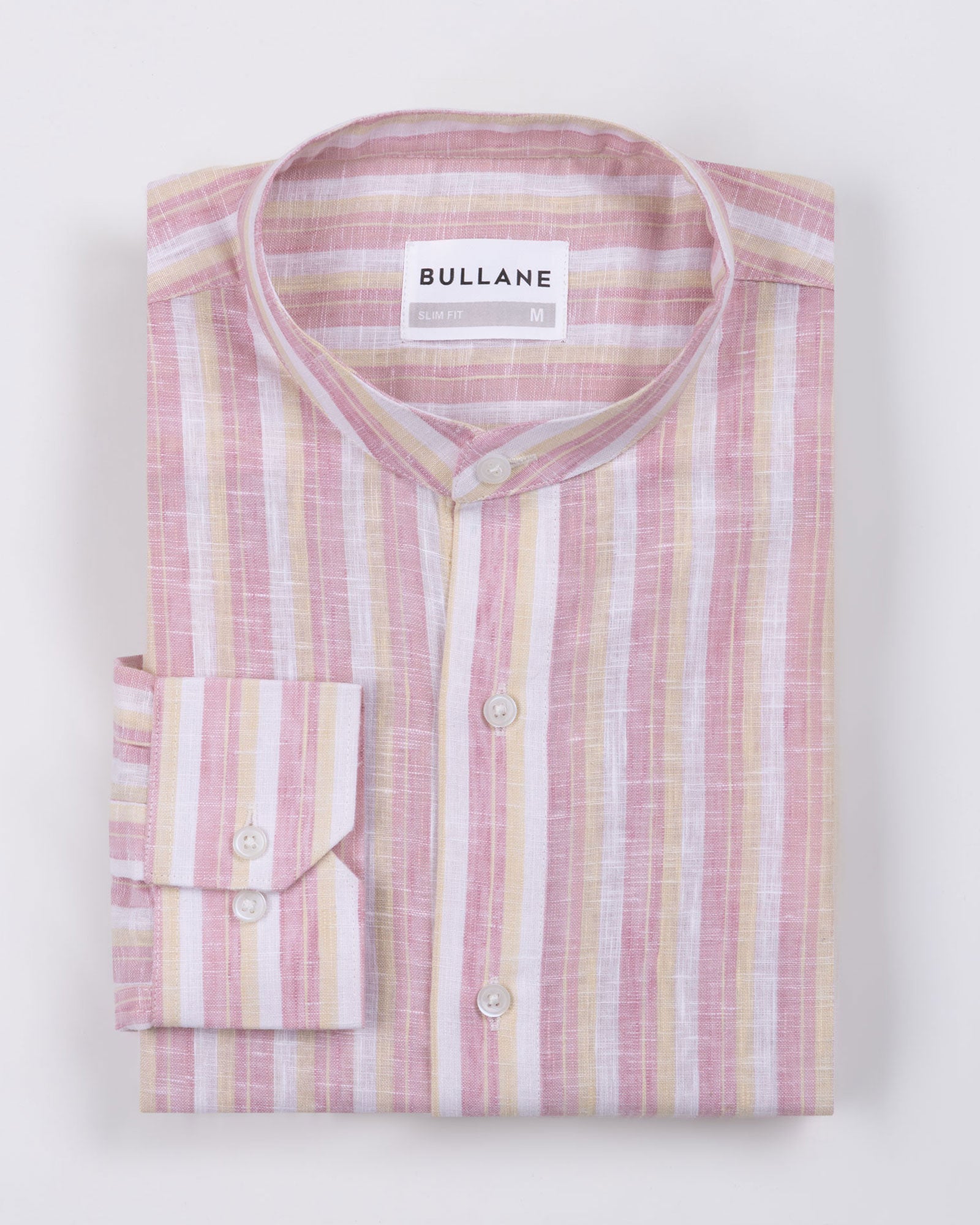 Crest Pink Linen Stripe Mandarin Shirt - Bullane