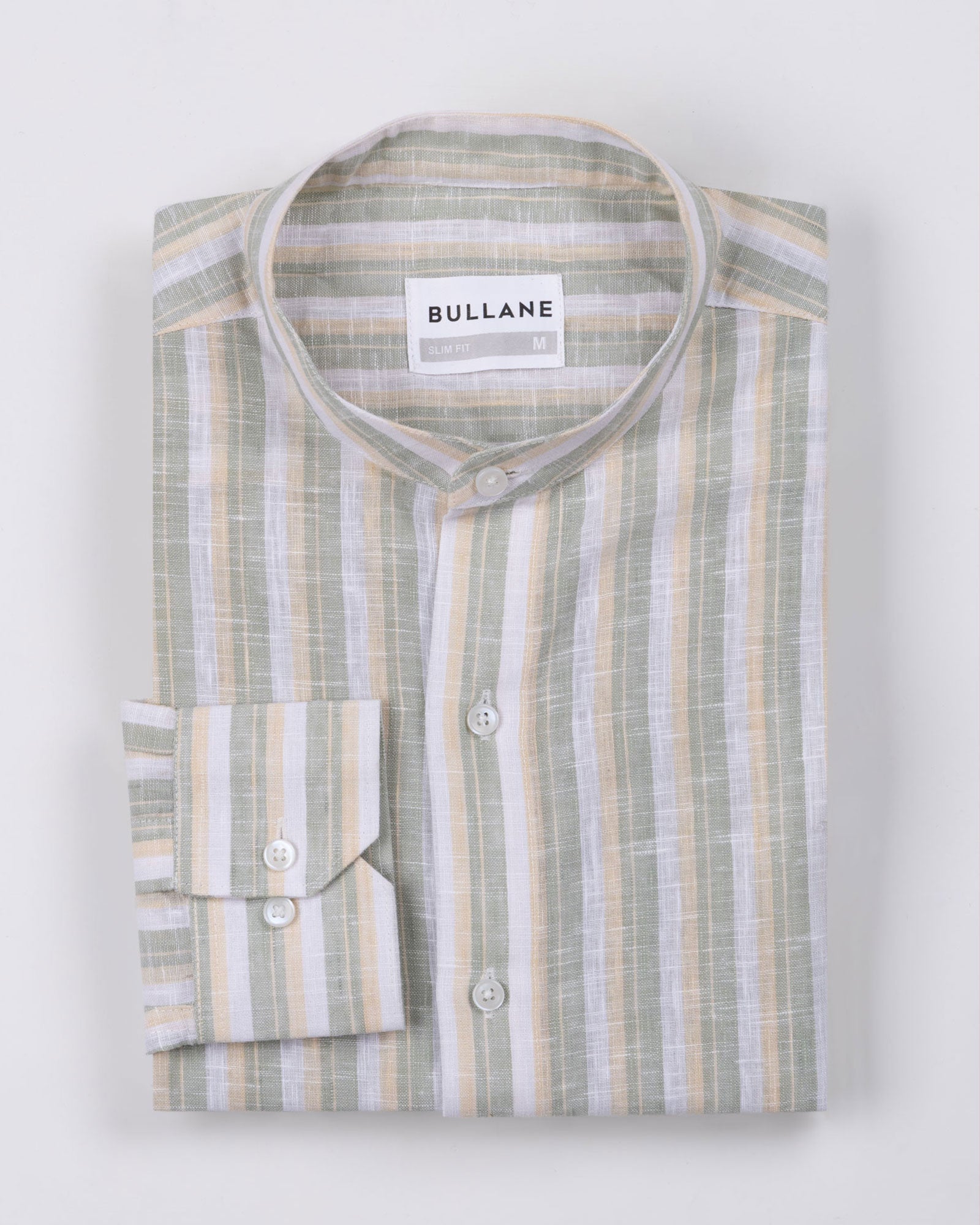 Crest Green Linen Stripe Mandarin Shirt - Bullane