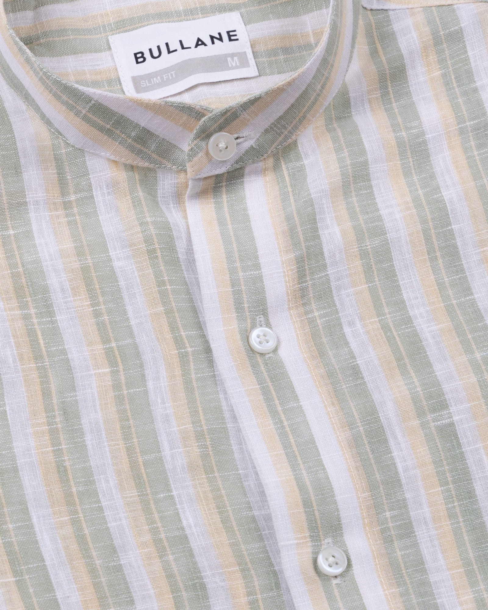 Crest Green Linen Stripe Mandarin Shirt - Bullane