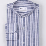 Crest Navy Linen Stripe Mandarin Shirt - Bullane