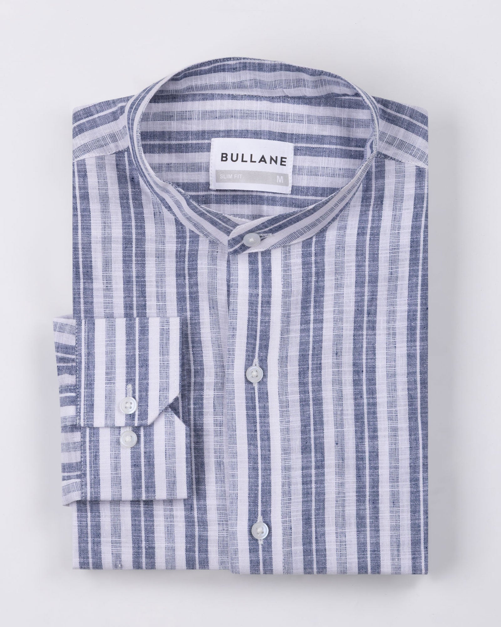 Crest Navy Linen Stripe Mandarin Shirt - Bullane