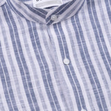 Crest Navy Linen Stripe Mandarin Shirt - Bullane