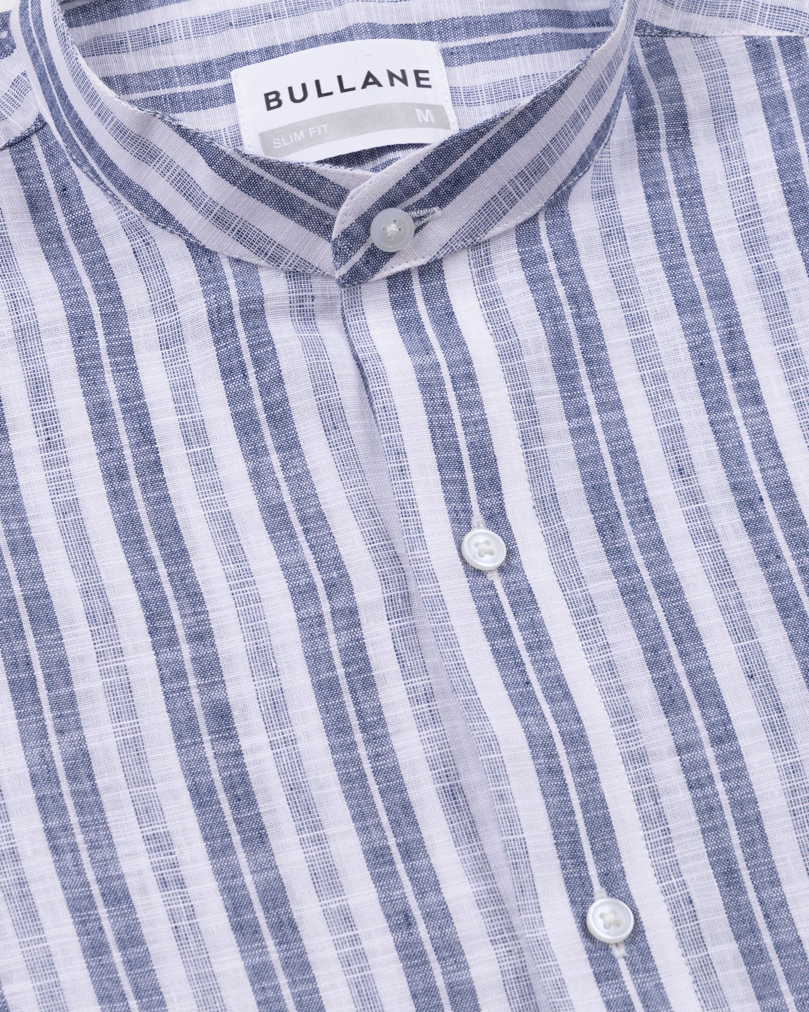 Crest Navy Linen Stripe Mandarin Shirt - Bullane
