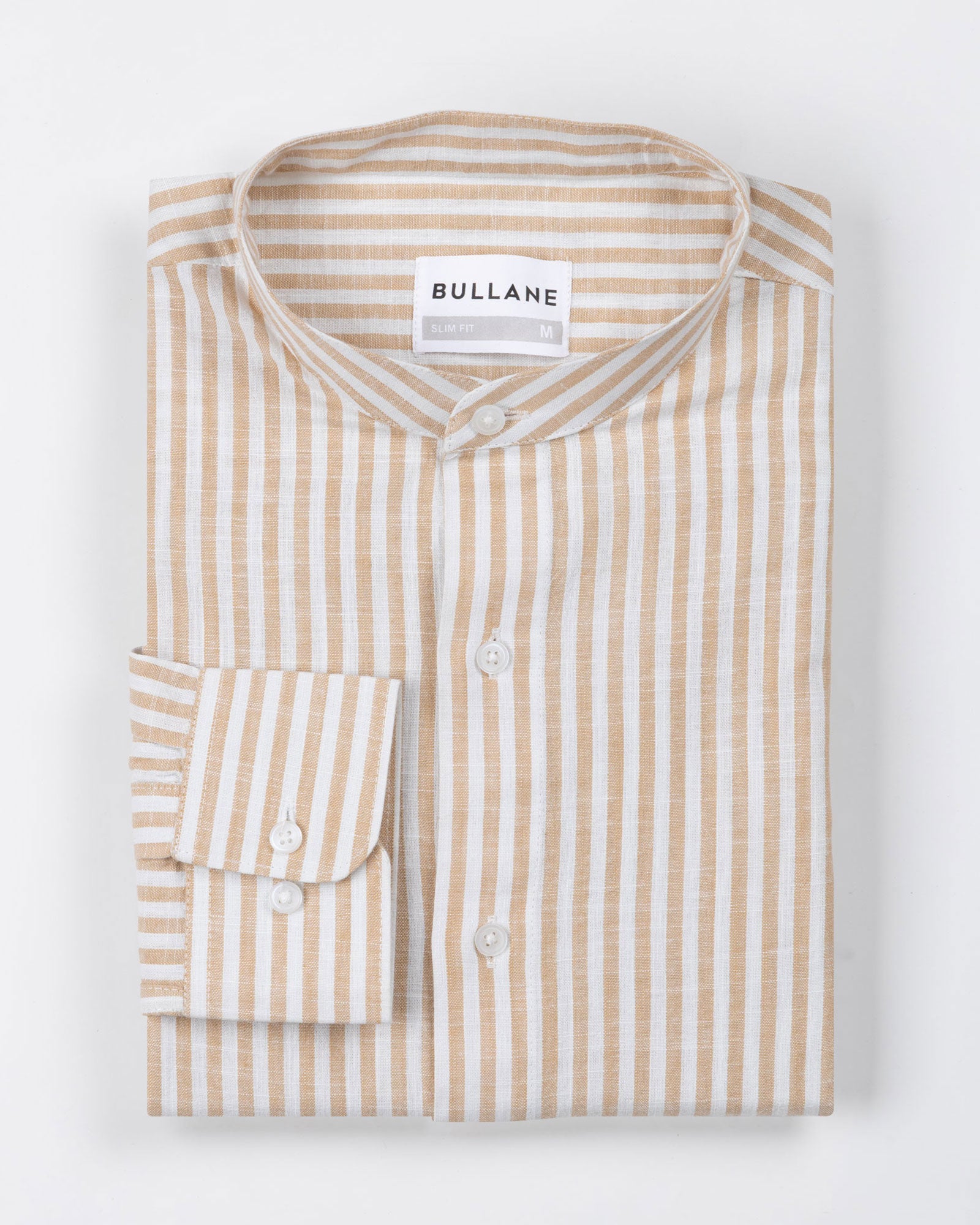 Brisk Brown Linen Stripe Mandarin Shirt - Bullane
