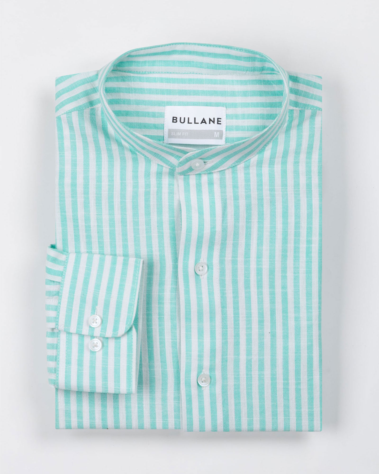 Brisk Green Linen Stripe Mandarin Shirt - Bullane