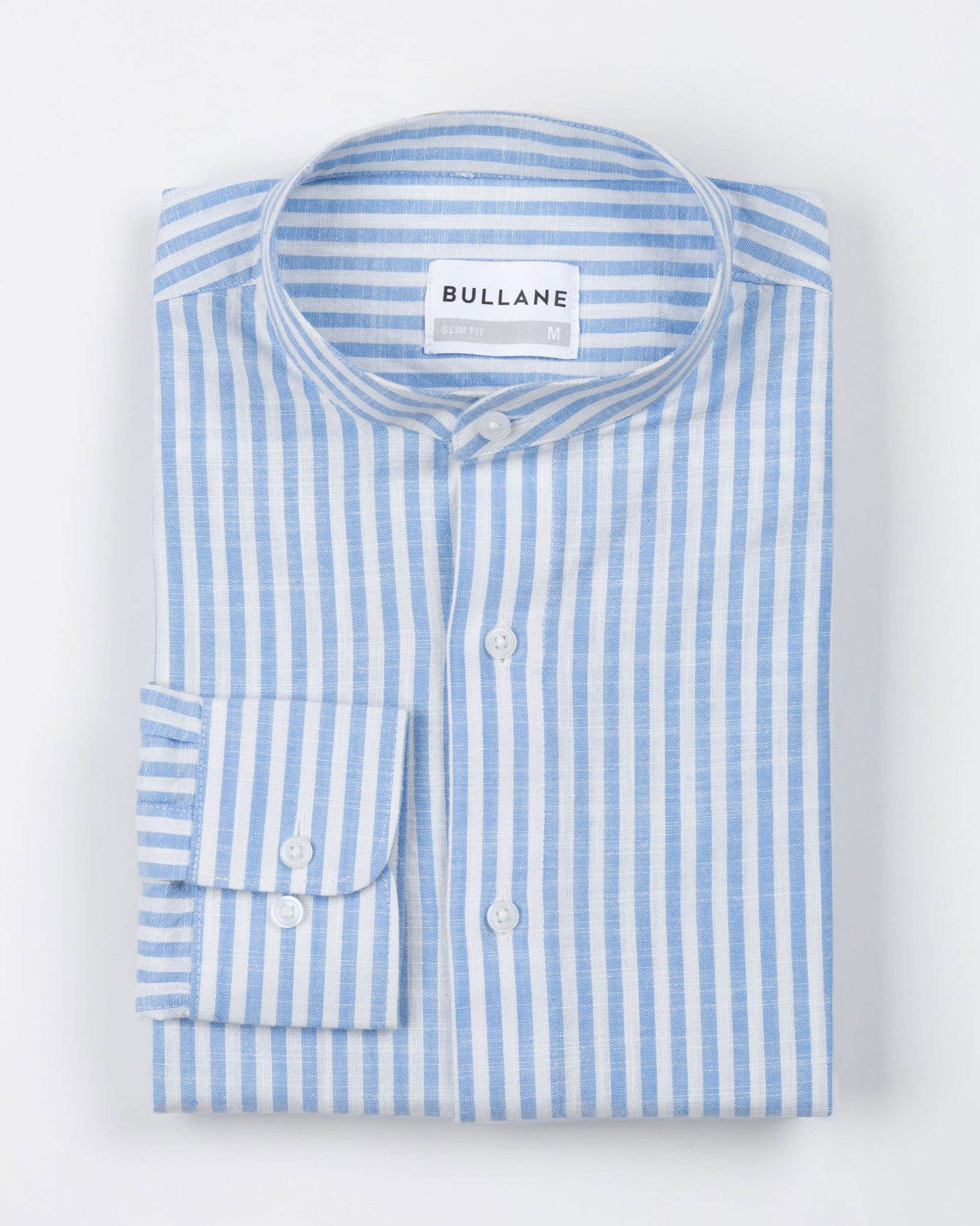 Brisk Blue Linen Stripe Mandarin Shirt - Bullane