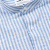 Brisk Blue Linen Stripe Mandarin Shirt - Bullane