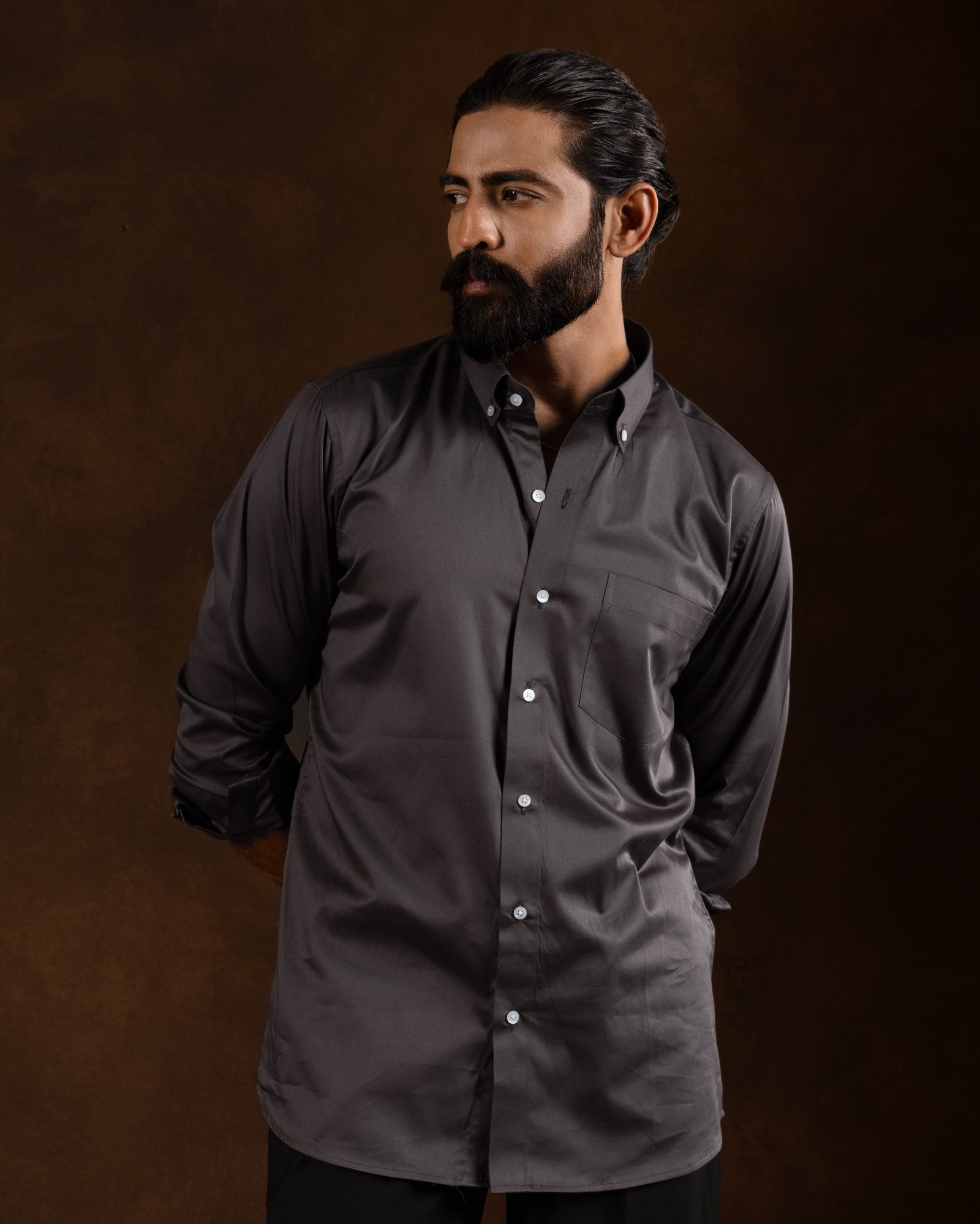 Zawro Charcoal Grey Cotton Plain Button Down Shirt