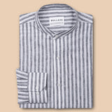 Axelts Black Linen Stripe Mandarin Shirt - Bullane