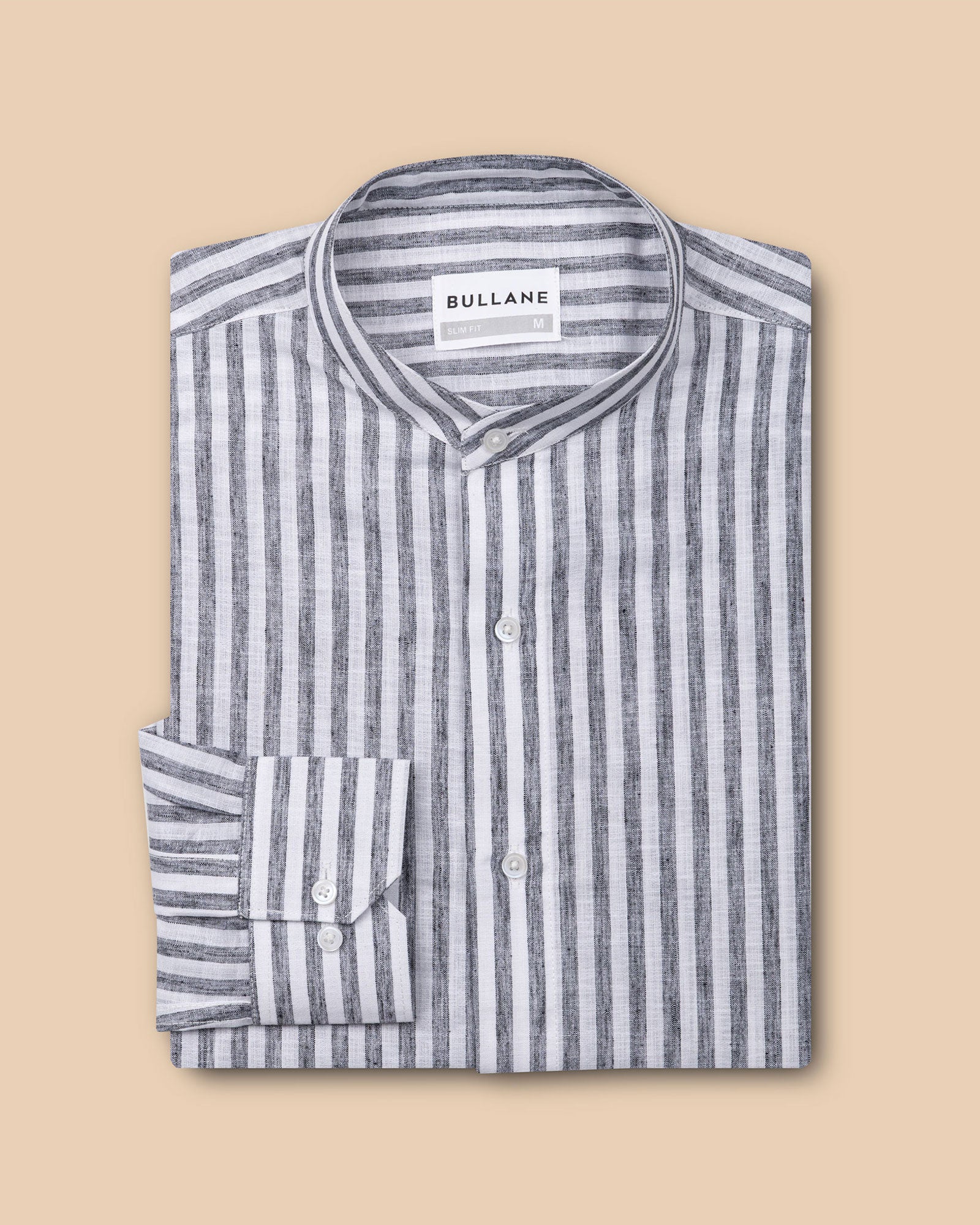 Axelts Black Linen Stripe Mandarin Shirt - Bullane
